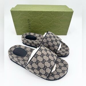 Gucci New In Box GG Logo Lavaredo Canvas /Leather Slide Sandals